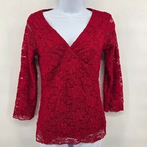 Wrapper Red Lace V‎ Neck 3/4 Sleeve Crinkle Texture Top Women's Size M Y2k 2000s
